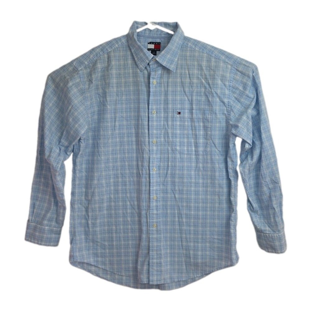 VTG Tommy Hilfiger Button-Up Shirt Men's L Blue Plaid Long Sleeves Collared Logo